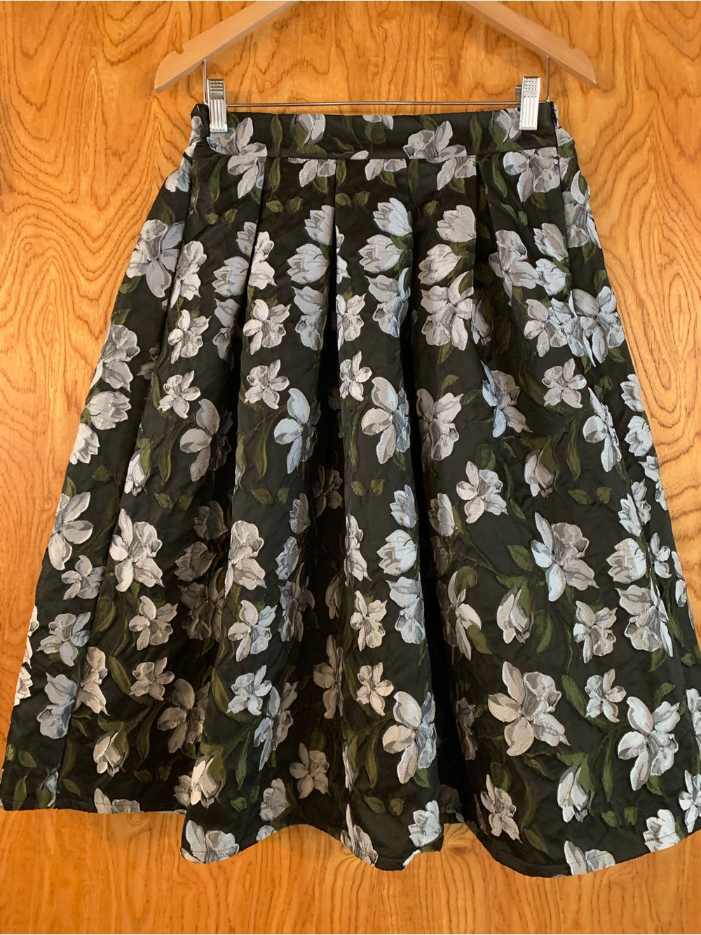 Chicwish Black A-Line Midi Skirt with White Floral Print and Olive Leaves